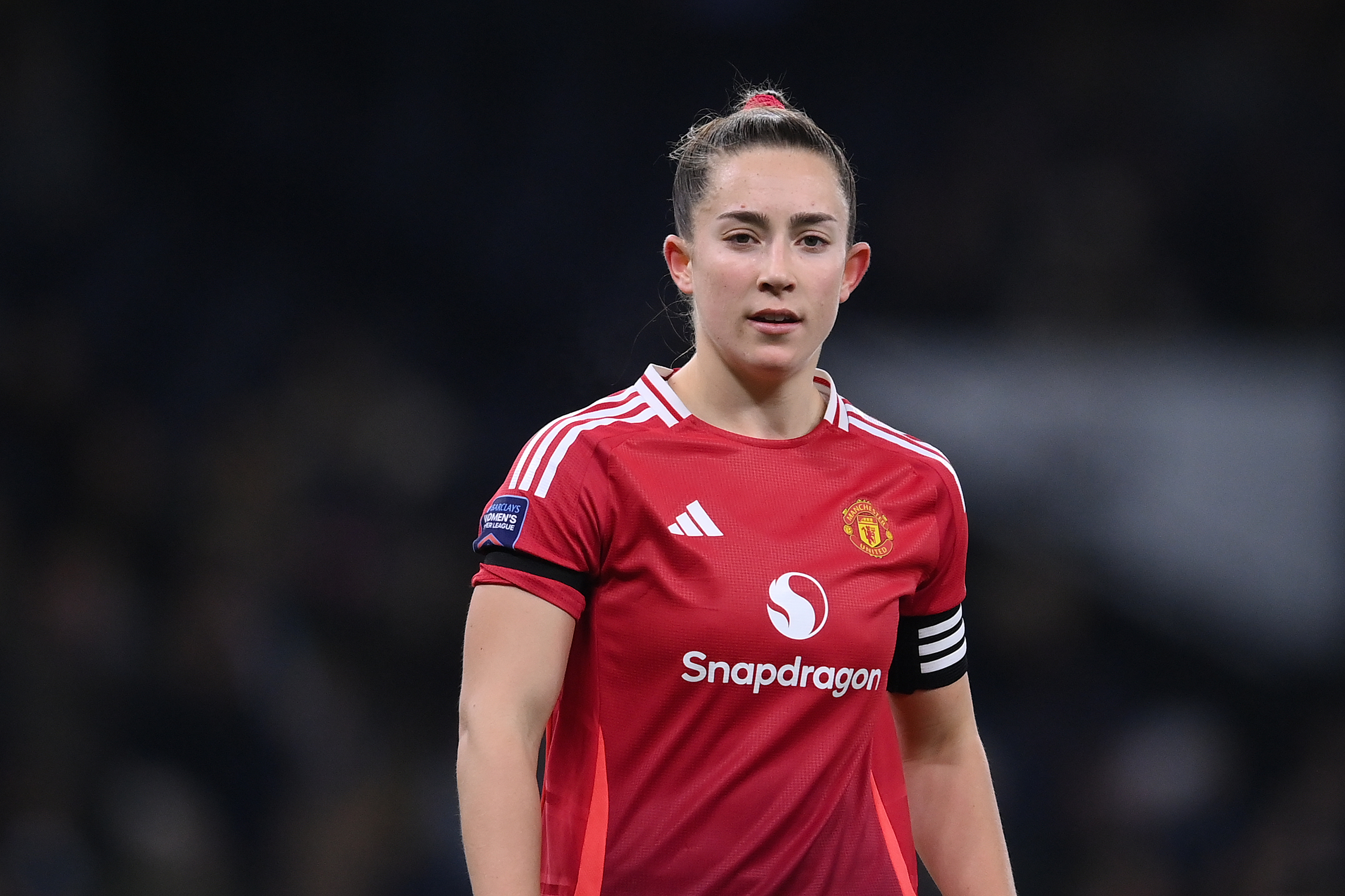 Maya Le Tissier of Manchester United looks on during the Barclays Women's Super League match between Manchester City and Manchester United at Etihad Stadium on January 19, 2025 in Manchester, England.