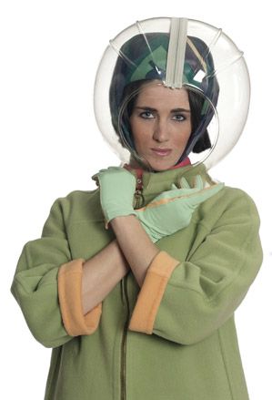 Hostess wearing a helmet to protect hair