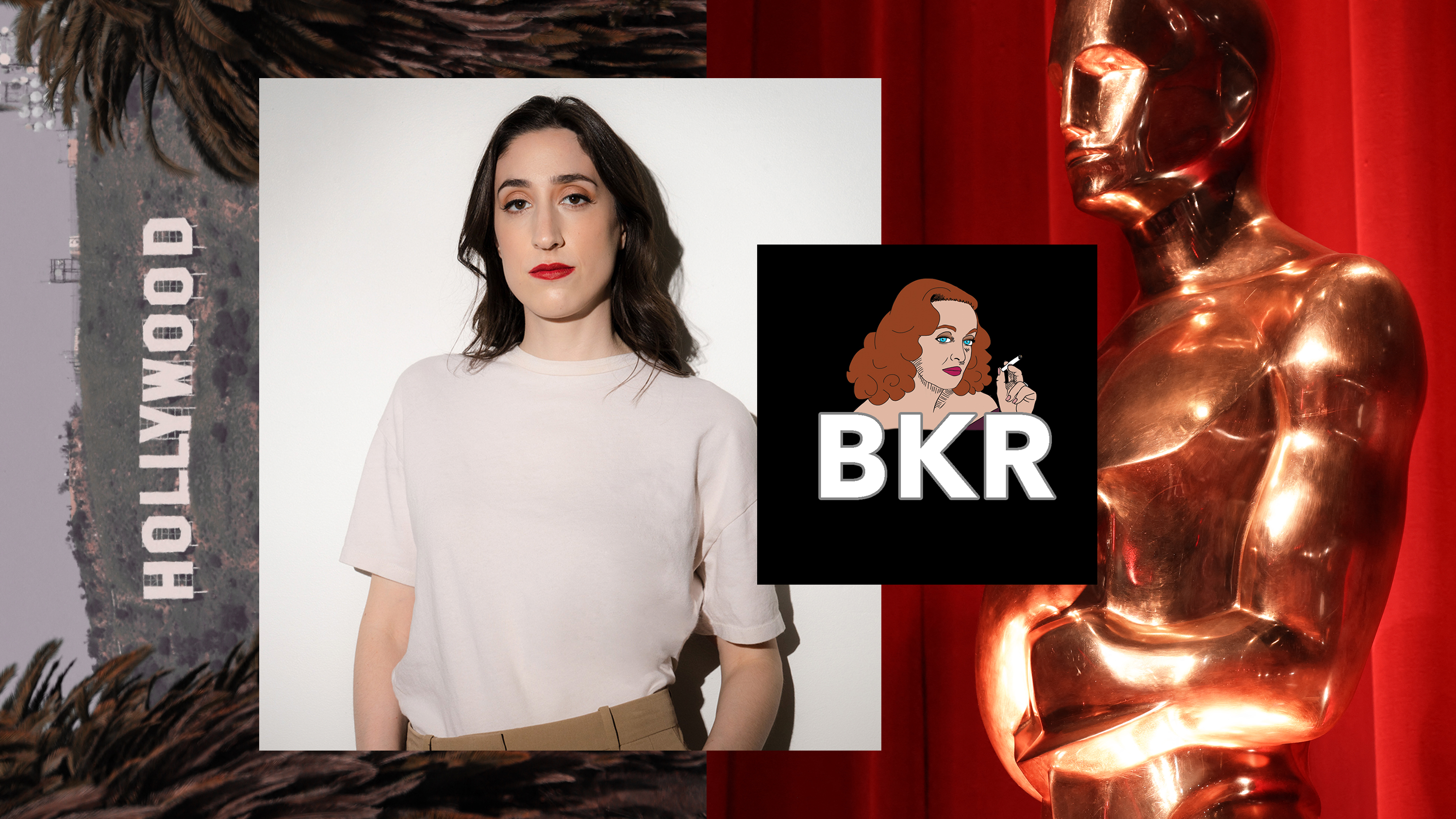 A graphic featuring a sideways image of the Hollywood sign, a portrait of a woman in a white shirt (Be Kind Rewind creator Izzy Custodio), the Be Kind Rewind channel logo, and an Oscar statuette in front of a red curtain.