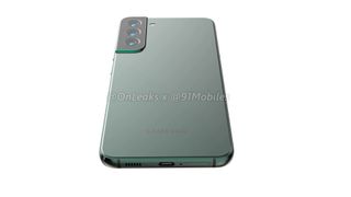 An alleged render of the Samsung Galaxy S22 Plus in green on a white background