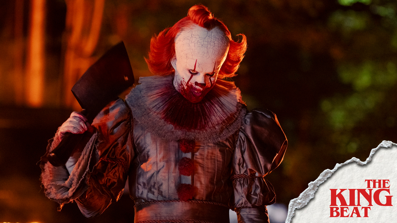 Bill Skarsgard as Pennywise holding a cleaver in IT: Welcome To Derry The King Beat