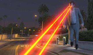 A man flying and shooting laser beams from his eyes