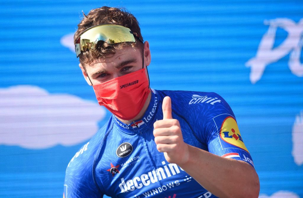 Team Deceunincks Dutch rider Fabio Jakobsen gives a thumb up after winning the 16th stage of the 2021 La Vuelta cycling tour of Spain a 180 km race from Laredo to Santa Cruz de Bezana on August 31 2021 Photo by MIGUEL RIOPA AFP Photo by MIGUEL RIOPAAFP via Getty Images