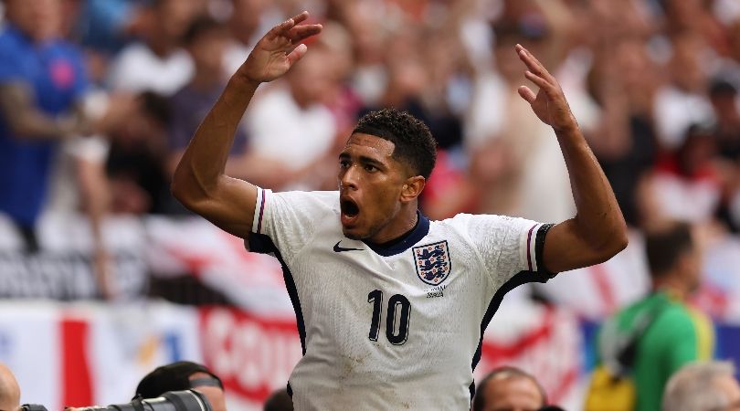 Jude Bellingham gestures to the England fans after his goal against Slovakia at Euro 2024.