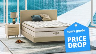 The Saatva Classic Mattress shown on a beige fabric bed frame sat in a pool house overlooking a blue pool on a sunny day