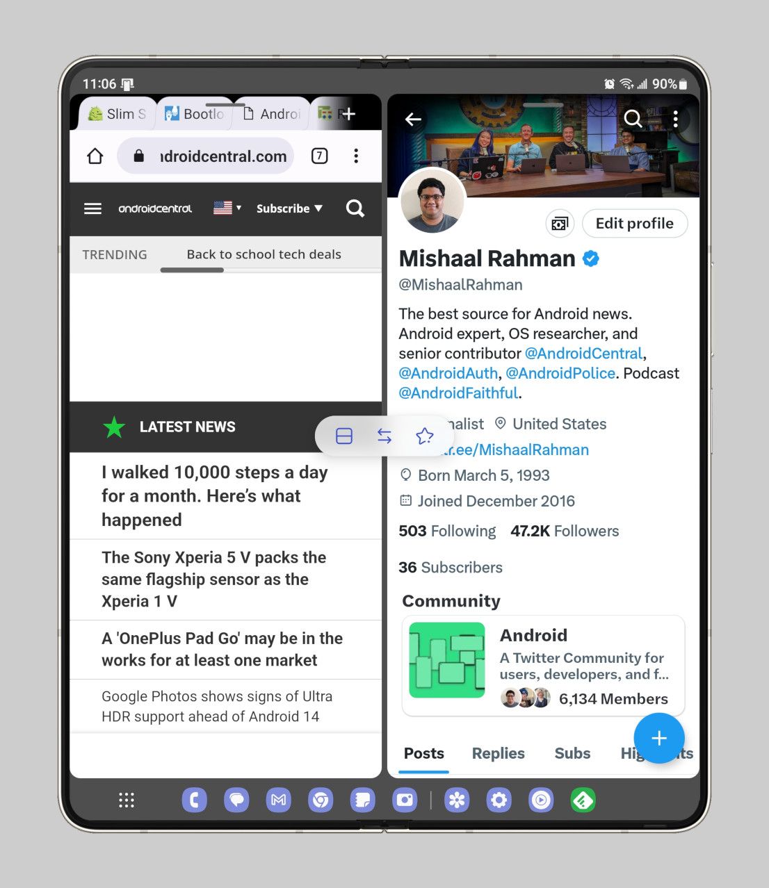 Split screen context menu