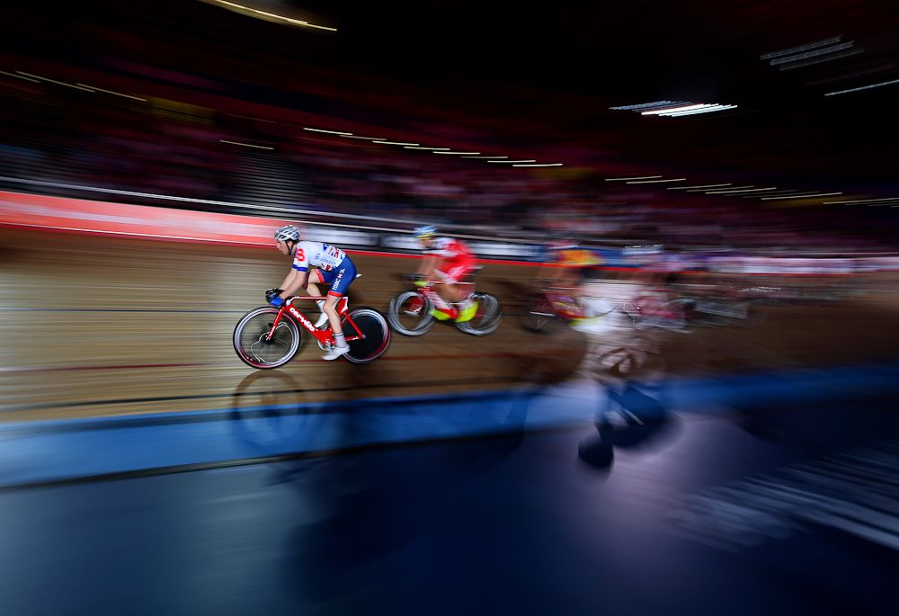 Mark Stewart of Great Britain competes in the Mens Madison Chase on day four of the London Six Day Race