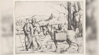 This etching shows Moses and Zipporah returning to Egypt, from Old and New Testaments.