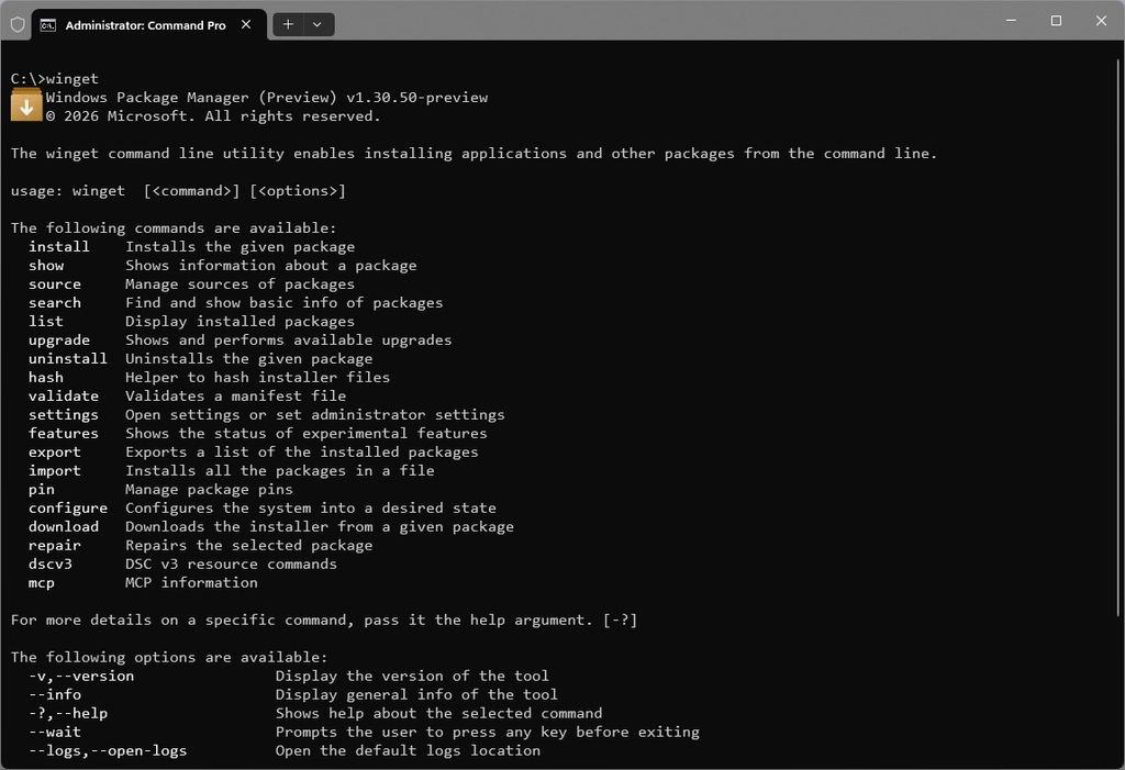 Windows Terminal showing the default winget command.