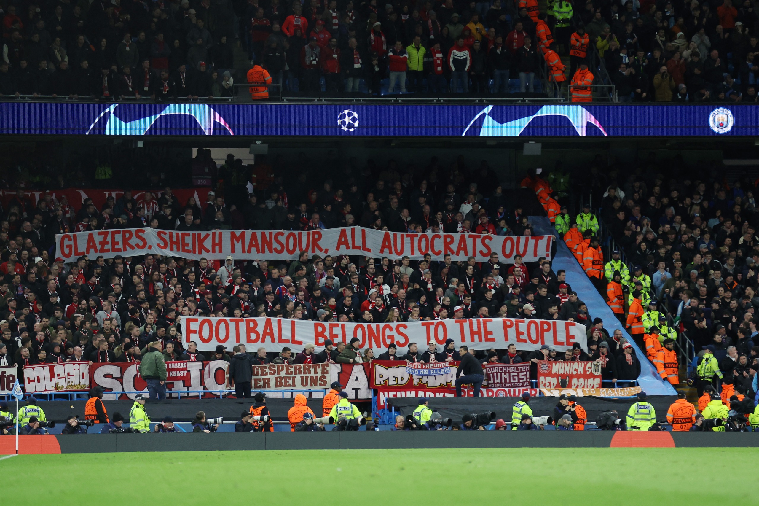 Bayern Munich fans unfurl an anti-Manchester City banner