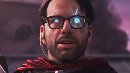 Destiny 2 character Lodi with glowing light blue eyes behind dark frame glasses