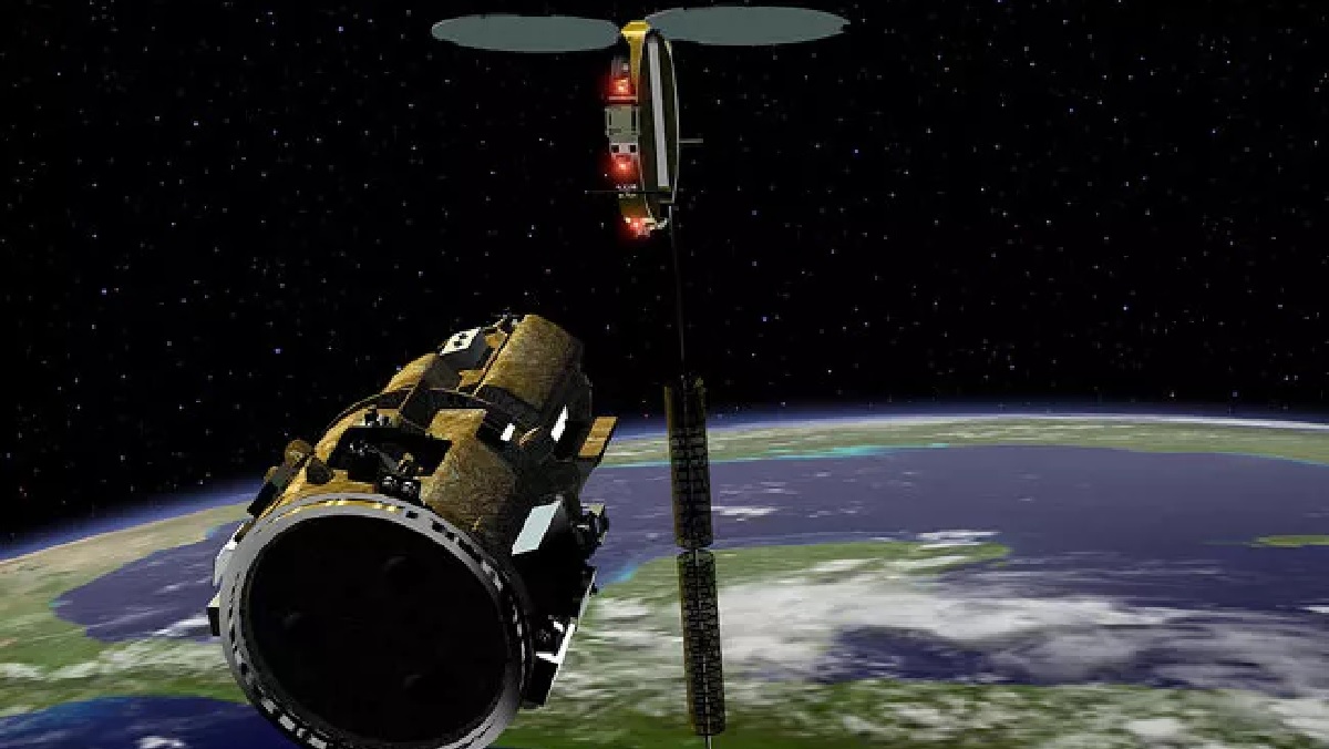An artist's concept of the DART spacecraft as it bears down on its target satellite in orbit.