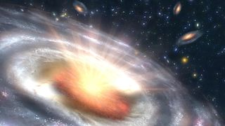 An illustration of a bright black hole called a quasar at the center of a bustling galaxy