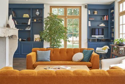 Orange sofa deals blue wall