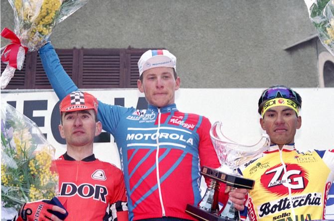 Lance Armstrong on the podium of the Trofeo Laigueglia in 1993