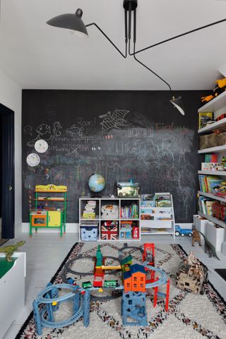 playroom idea with chalk board mural and toy storage