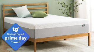 A Zinus 10-inch Green Tea Memory Foam Mattress on a bed frame in a bedroom, a Tom's Guide Savings Squad Prime Day deals badge in the bottom left.