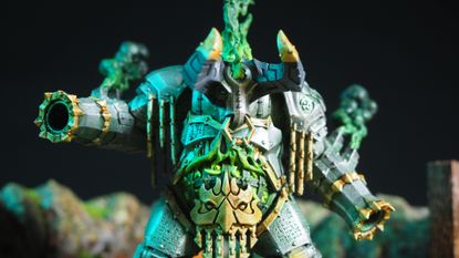 A taurus-shaped robotic figure with flaming innards, against a dark background with rocks visible