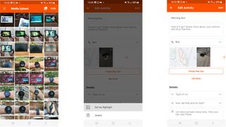 Screenshots showing adding a video file to a Strava activity, setting the video as a highlight, and saving the changes to the activity.