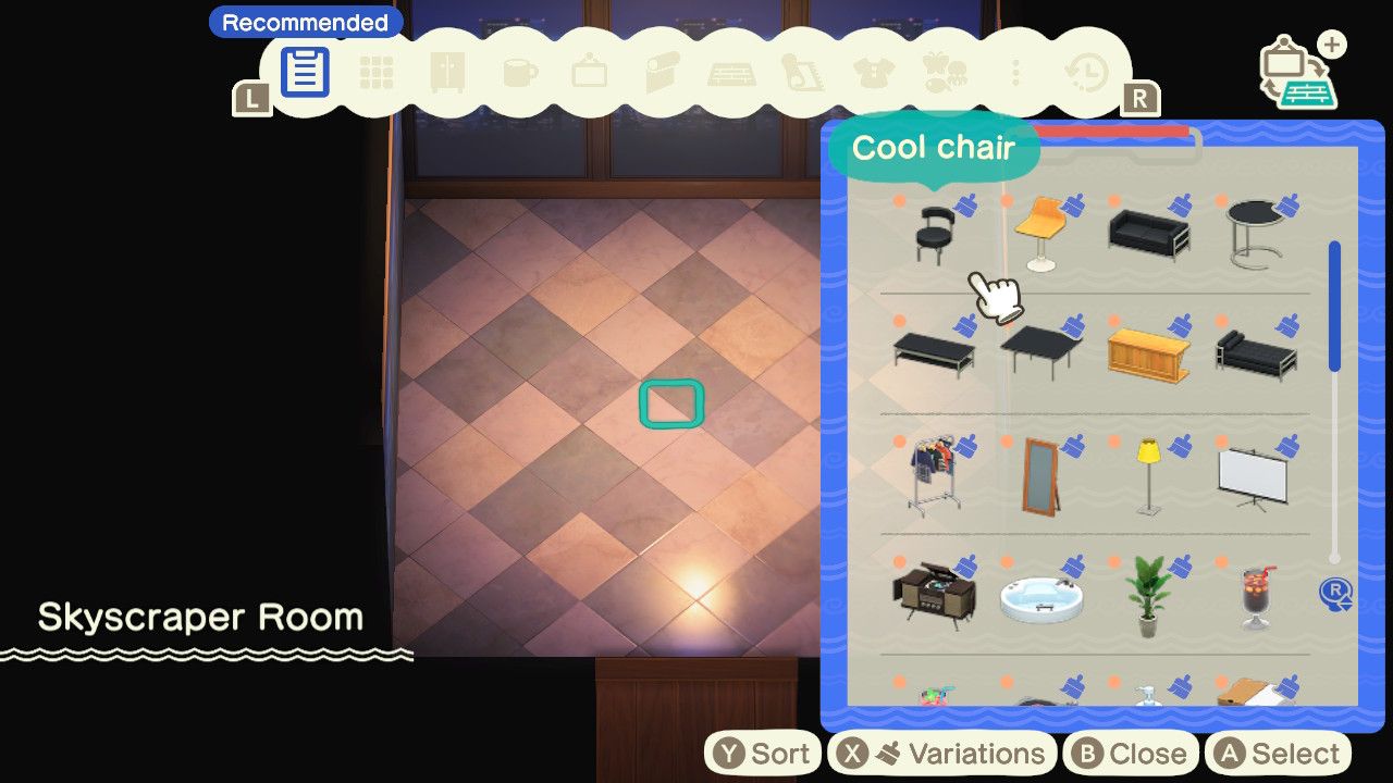 Looking at the design menu in Animal Crossing: New Horizons