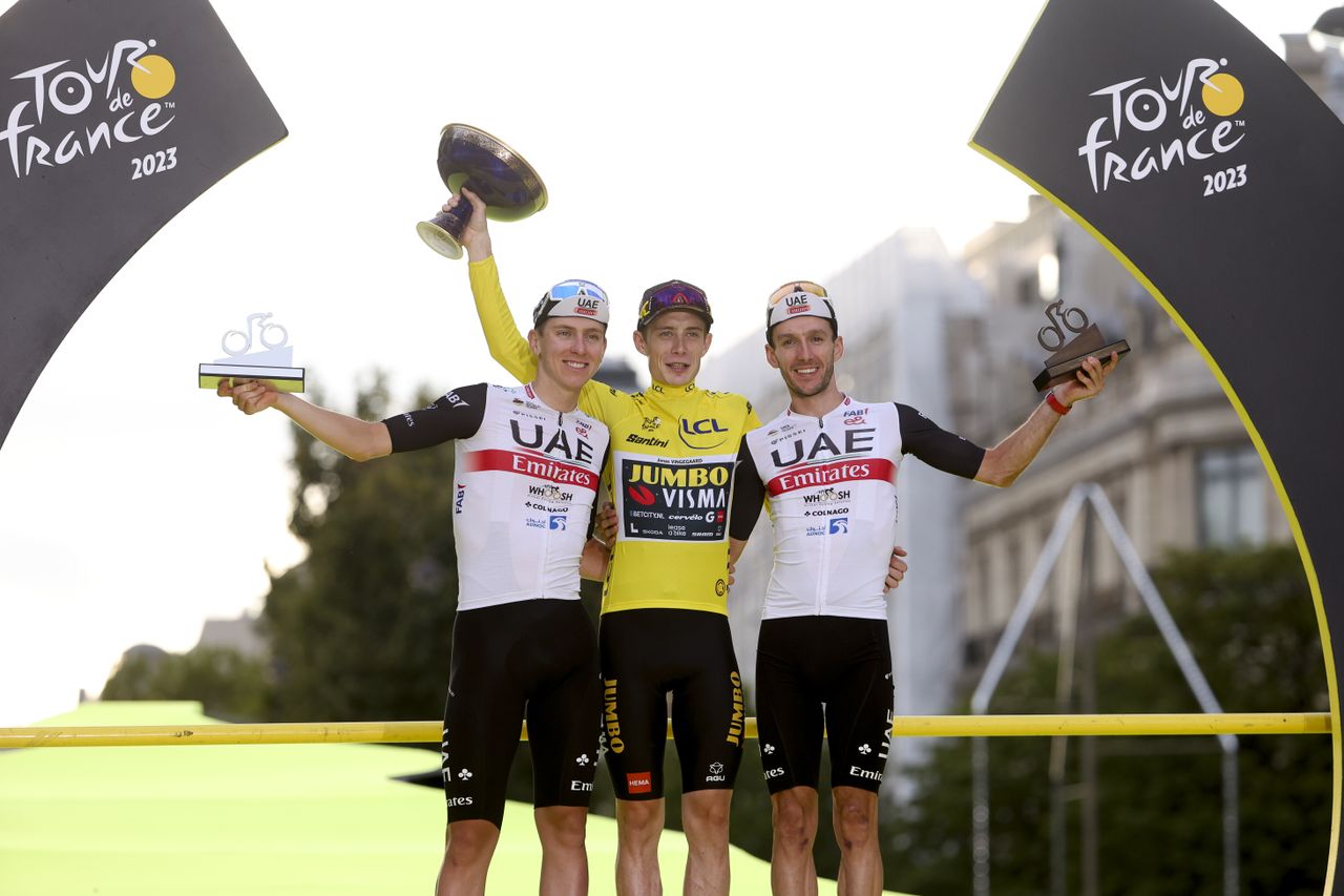 The final podium of the 2023 Tour de France on the Champs-Elysées in Paris