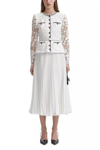 white dress with chiffon skirt, lace sleeves, and tweed breast