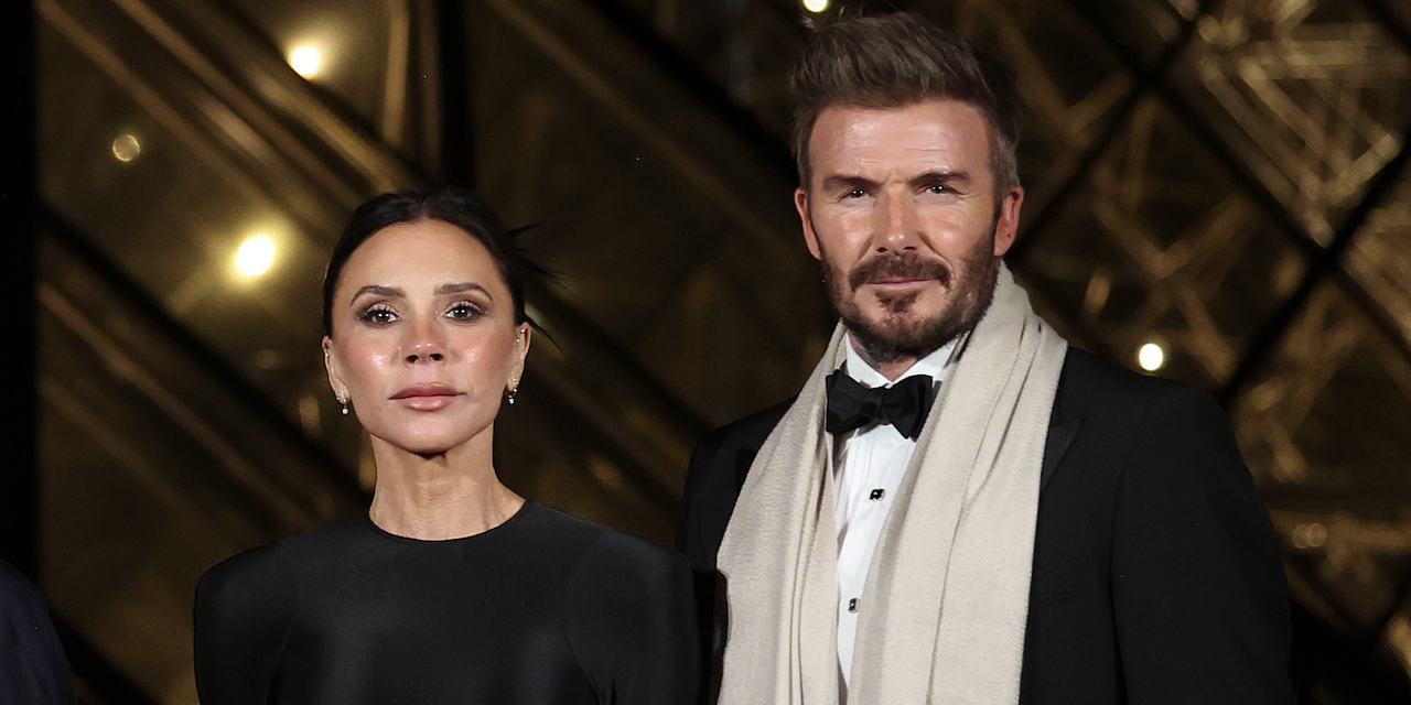 Victoria and David Beckham look elegant in matching black looks as they head to the Grand Gala at the Louvre Museum in Paris, France during Paris Fashion Week