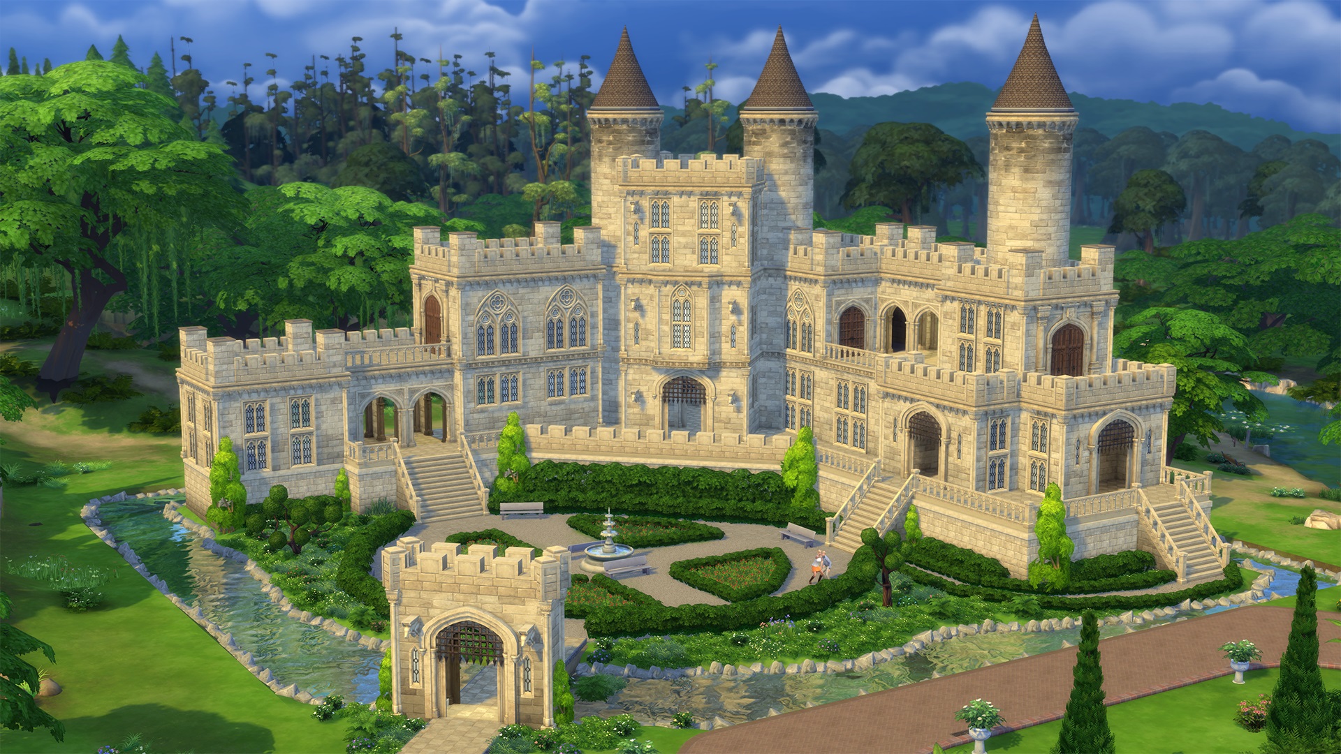 The Sims 4 - a castle build in stone with a garden area