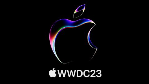 Apple logo in neon colors on a black background above the words WWDC 2023 in white text