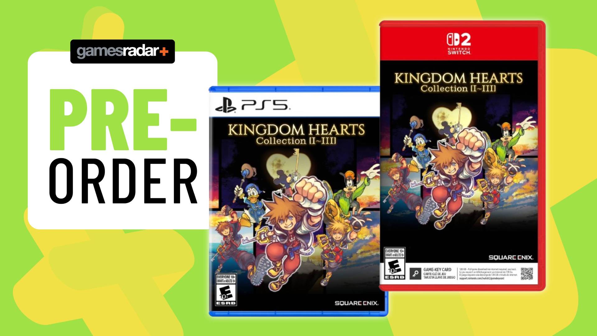 Image of the PS5 and Switch 2 Kingdom Hearts Collection games on a green GamesRadar+ background.