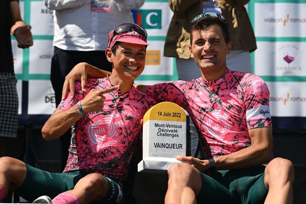 MONT VENTOUX FRANCE JUNE 14 LR Johan Esteban Chaves Rubio of Colombia on second place and race winner Ruben Guerreiro of Portugal and Team EF Education Easypost pose on the podium ceremony after the 4th Mont Ventoux Denivele Challenge 2022 a 153km one day race from VaisonlaRomaine to Mont Ventoux 1893m MVDC on June 14 2022 in Mont Ventoux France Photo by Dario BelingheriGetty Images