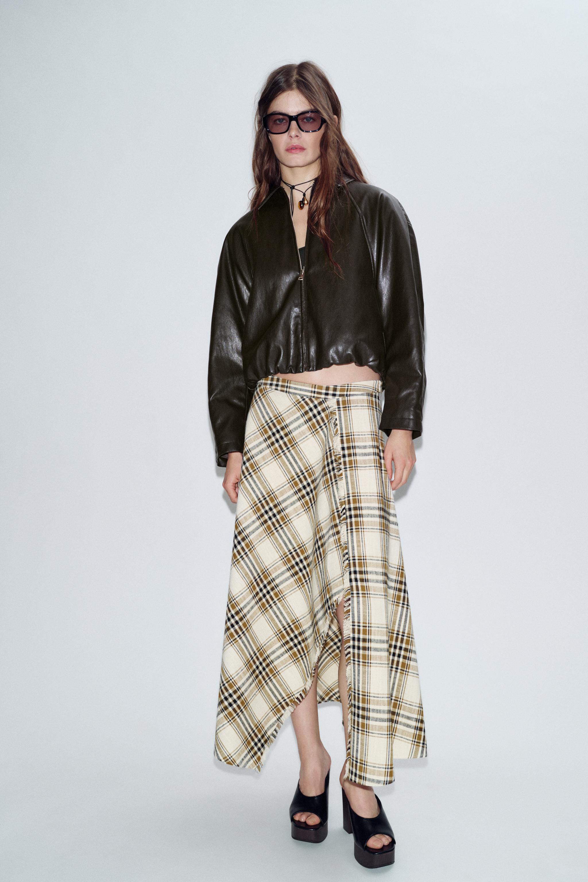 Asymmetric Plaid Midi Skirt