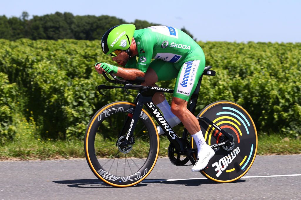 SAINTEMILION FRANCE JULY 17 Mark Cavendish of The United Kingdom and Team Deceuninck QuickStep Green Points Jersey during the 108th Tour de France 2021 Stage 20 a 308km Individual Time Trial Stage from Libourne to SaintEmilion 75m ITT LeTour TDF2021 on July 17 2021 in SaintEmilion France Photo by Michael SteeleGetty Images