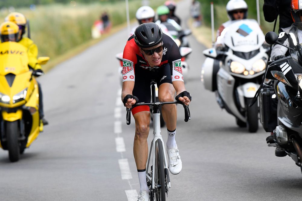 Michael Schar rides alone near the end of stage 13 at the Tour de France