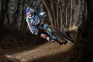Rachel Atherton (Commencal Team) carves the last turn of the day.