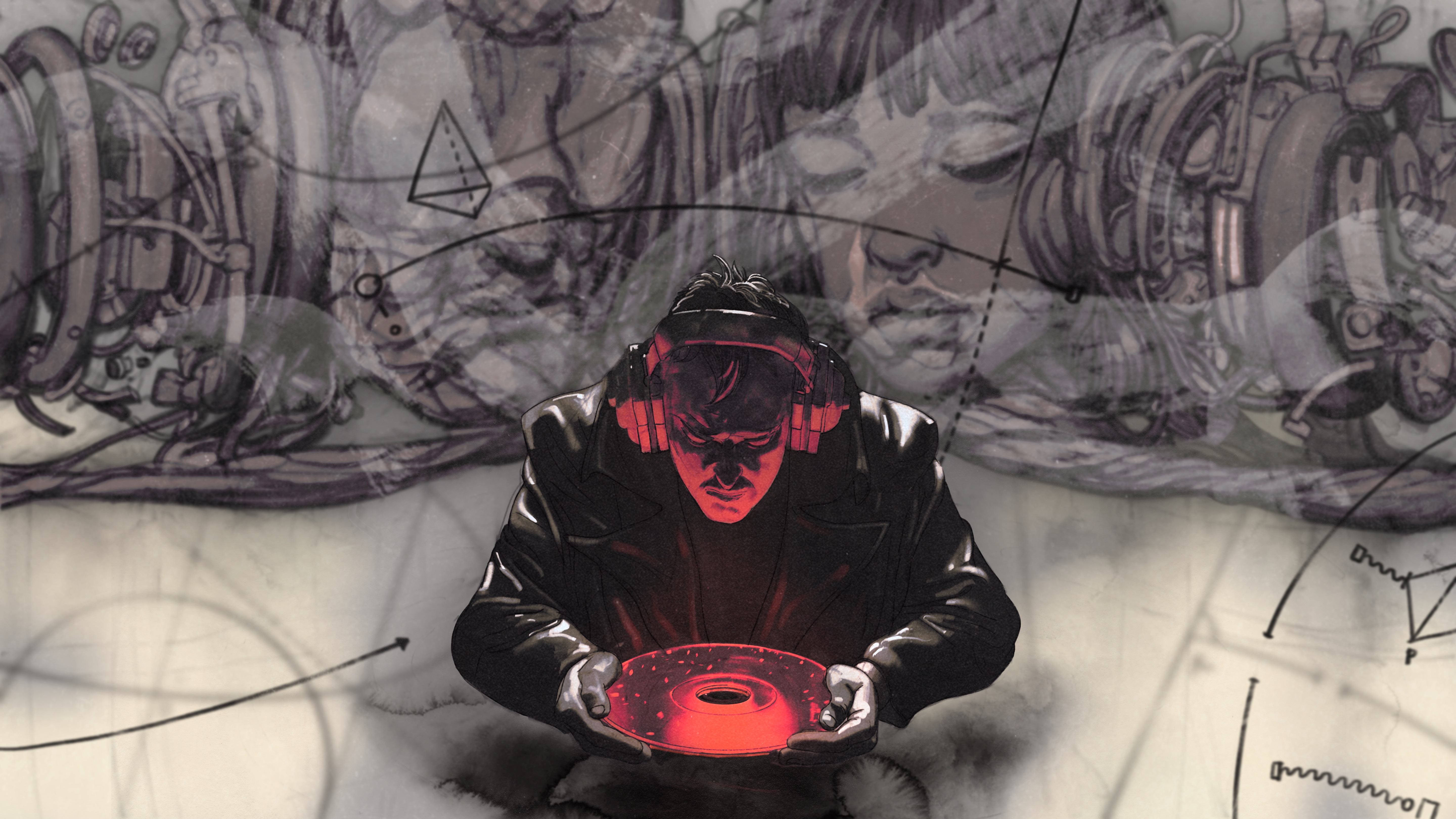 Man in headphones looms over a red vinyl.