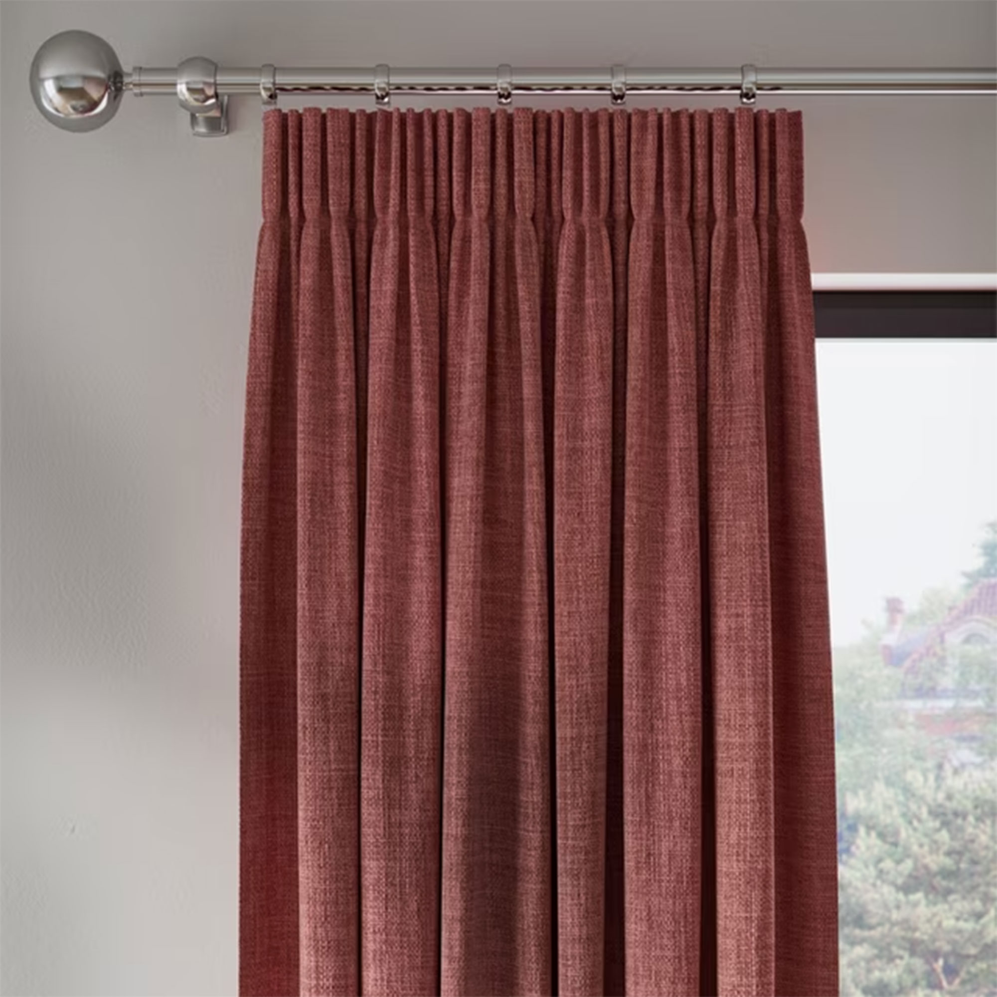 John Lewis, Textured Weave Pair Blackout Lined Pencil Pleat Curtains, Pink Clay
