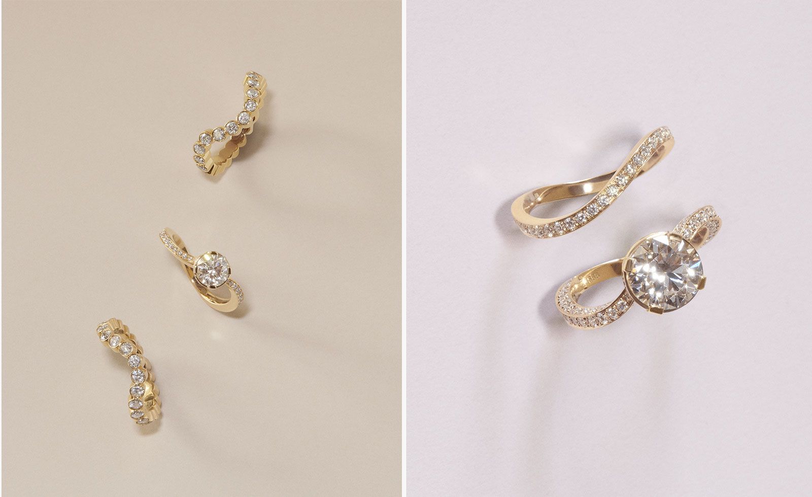 Two pictures with different diamond engagement rings by Sophie Bille Brahe