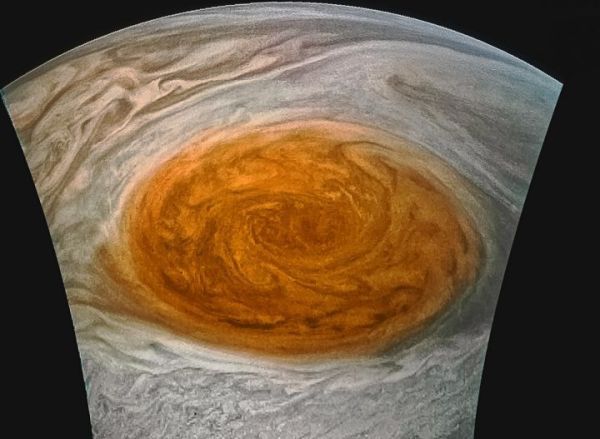 This enhanced-color image of Jupiter&#039;s Great Red Spot was created by citizen scientist Jason Major using data from the JunoCam imager on NASA&#039;s Juno spacecraft.