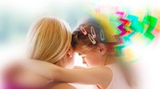 A photo of a blonde woman holding a young child. Colorful zigzags are shown around the child's head, indicating that she's experiencing a migraine with aura