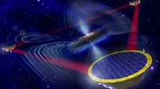 An artist's impression of the LISA detector, and the gravitational waves it will search for.