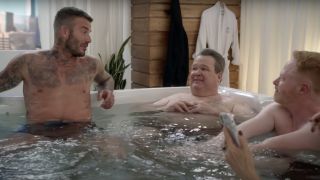 David Beckham, Eric Stonestreet and Jesse Tyler Ferguson in a hot tub for an episode of Modern Family's 11th season.