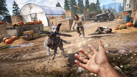 Boomer the dog companion in Far Cry 5 carries a rifle in his mouth to the protagonist as a woman with a wielding a bad chases after him 