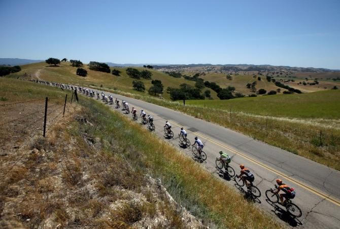 The peloton line out during the Tour of California