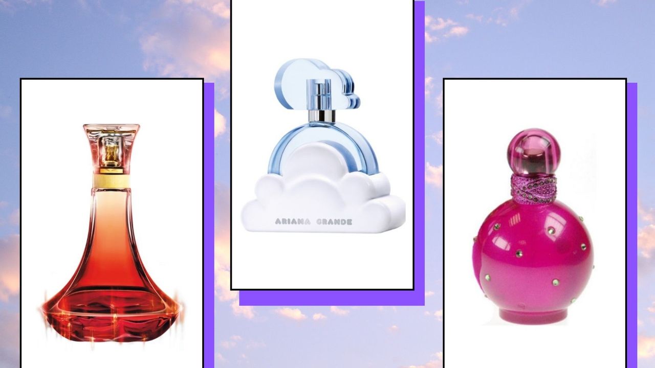 A collage of three of the most popular celebrity perfume picks according to a survey—Beyoncé&#039;s Heat, Ariana Grande&#039;s Cloud and Britney Spears Fantasy perfumes—on a pink and blue cloud background