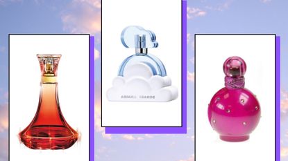 A collage of three of the most popular celebrity perfume picks according to a survey—Beyoncé's Heat, Ariana Grande's Cloud and Britney Spears Fantasy perfumes—on a pink and blue cloud background