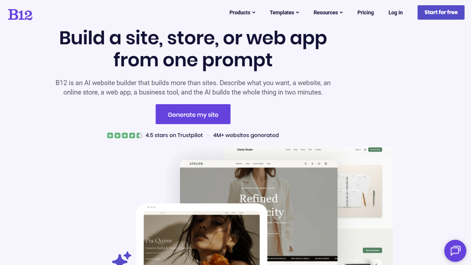 The B12 Ai website builder home page