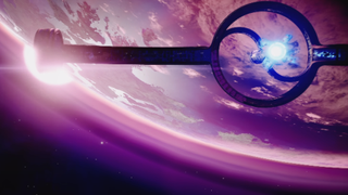a large needle-like space station above a purple and pink planet