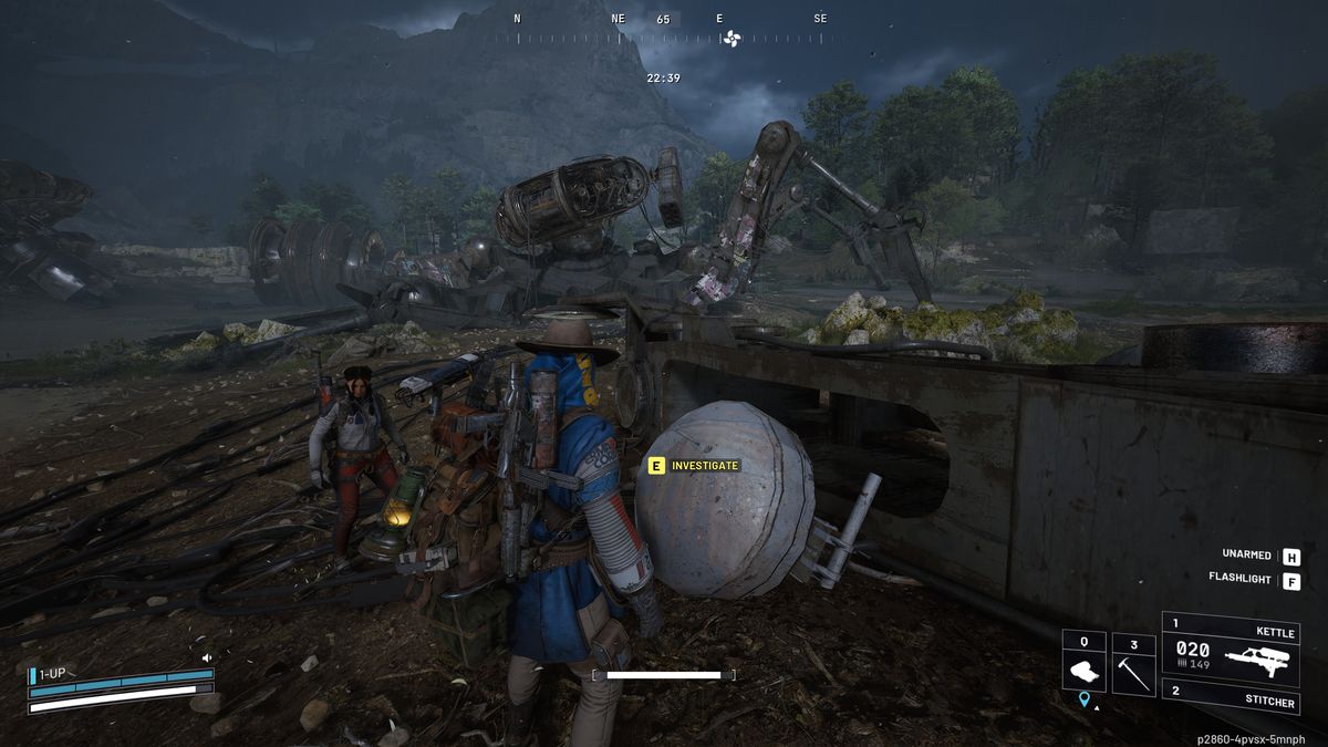 Arc Raiders With a Trace: A player interacting with the Arc robot leg on a mound in the water in the Barren Clearing.