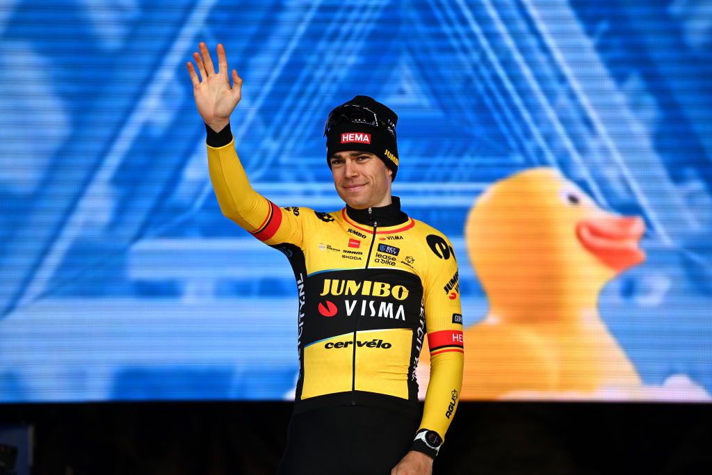 HARELBEKE BELGIUM MARCH 24 Wout Van Aert of Belgium and Team JumboVisma celebrates at podium as rae winner during the 66th E3 Saxo Bank Classic Harelbeke 2023 a 2041km one day race from Harelbeke to Harelbeke on UCIWT March 24 2023 in Harelbeke Belgium Photo by Tim de WaeleGetty Images